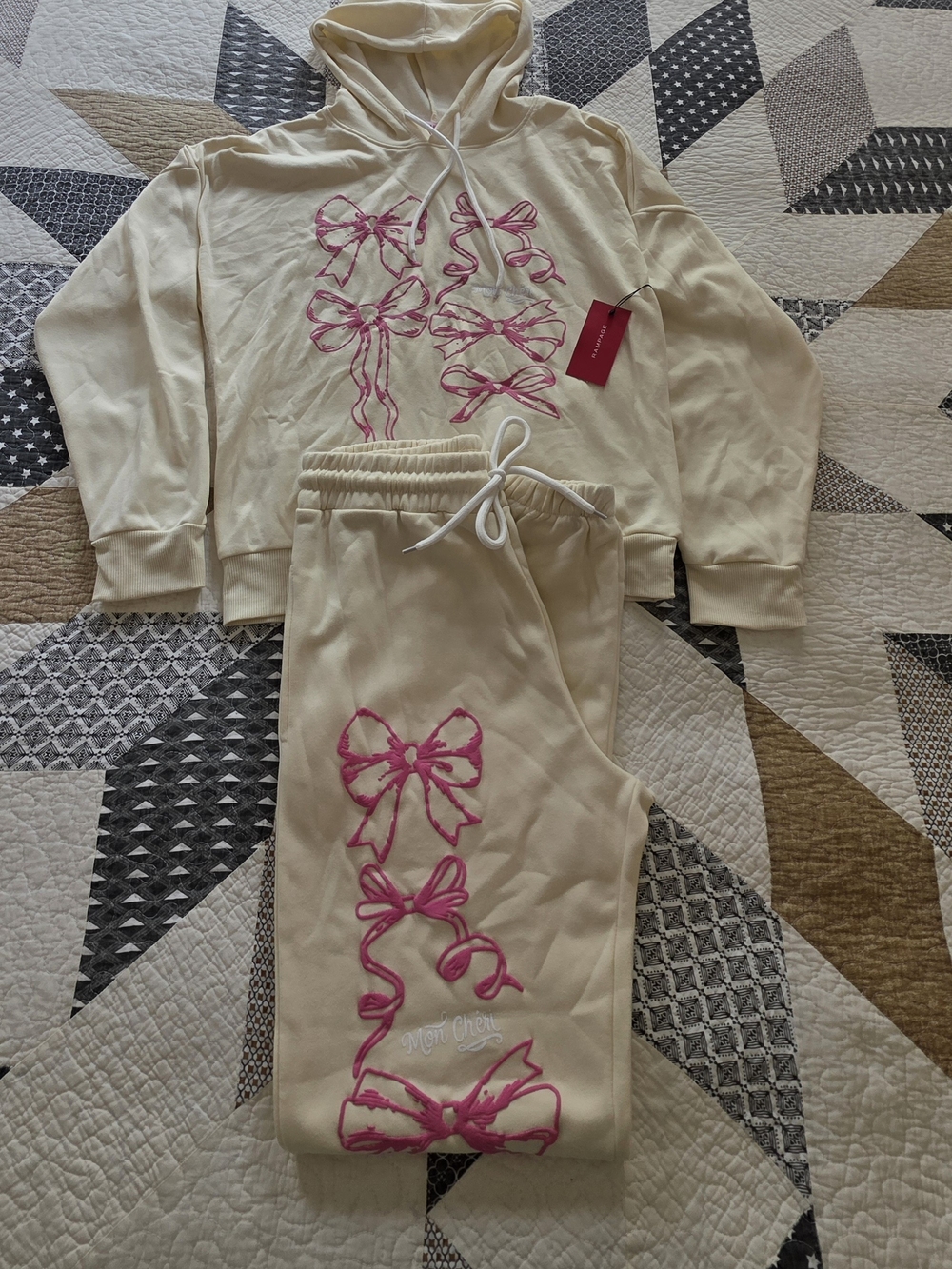 Rampage Cream Hoodie & Jogger Pajama Set with Pink Bow Prints